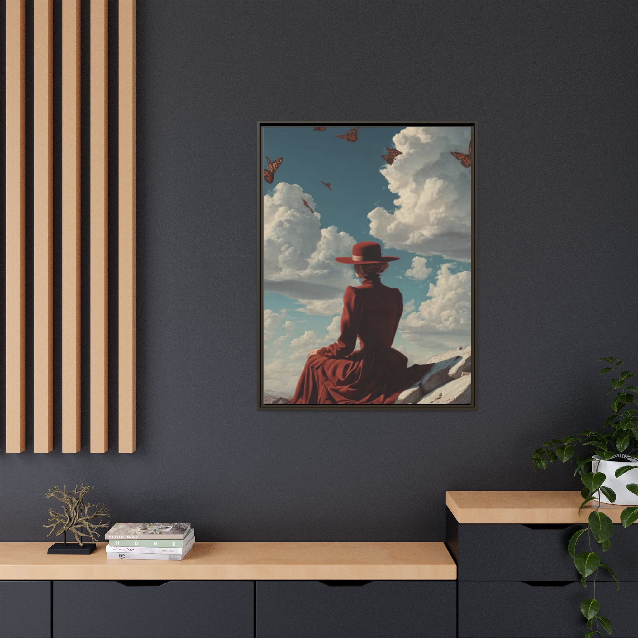 Framed Matte Canvas: Woman in Red Dress Sunset Sky Wall Art - Image 44
