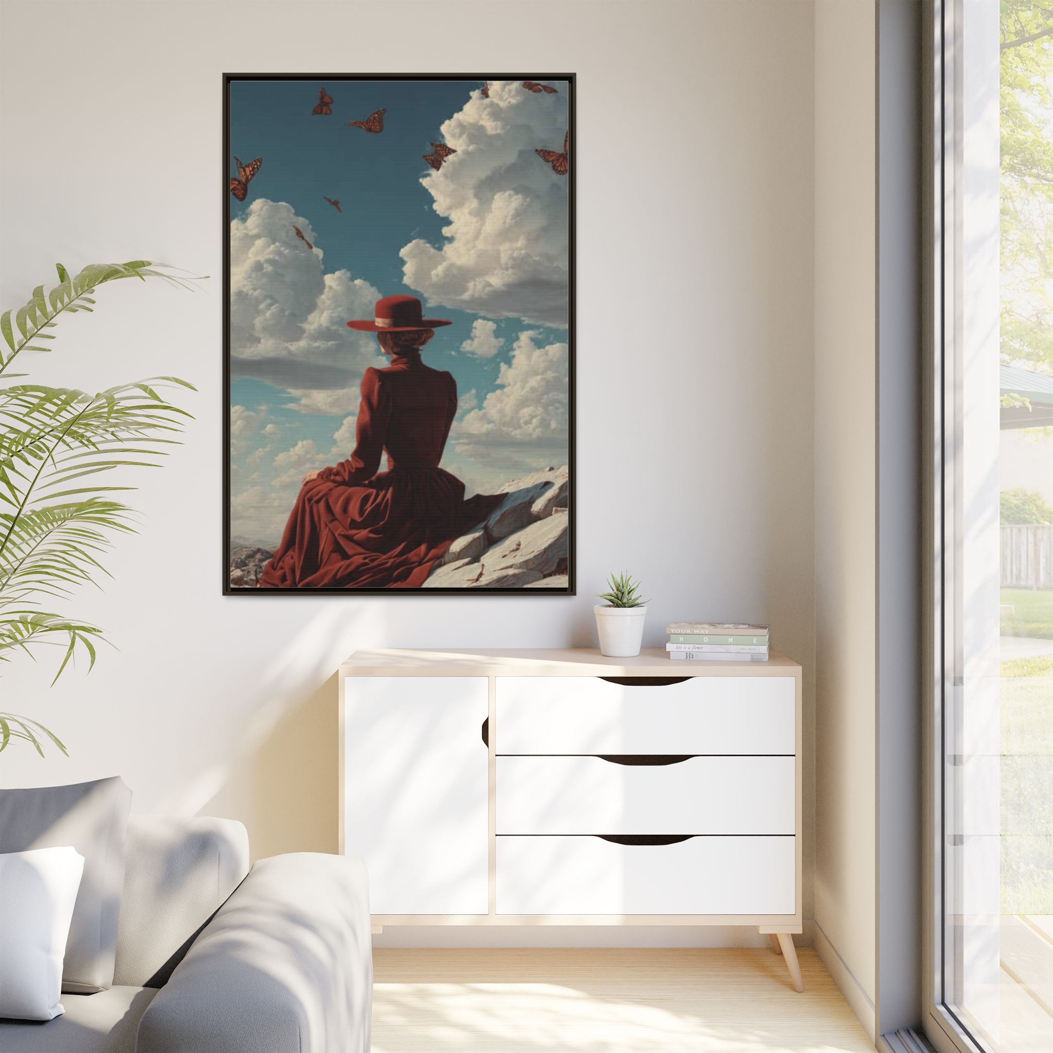 Framed Matte Canvas: Woman in Red Dress Sunset Sky Wall Art - Image 67