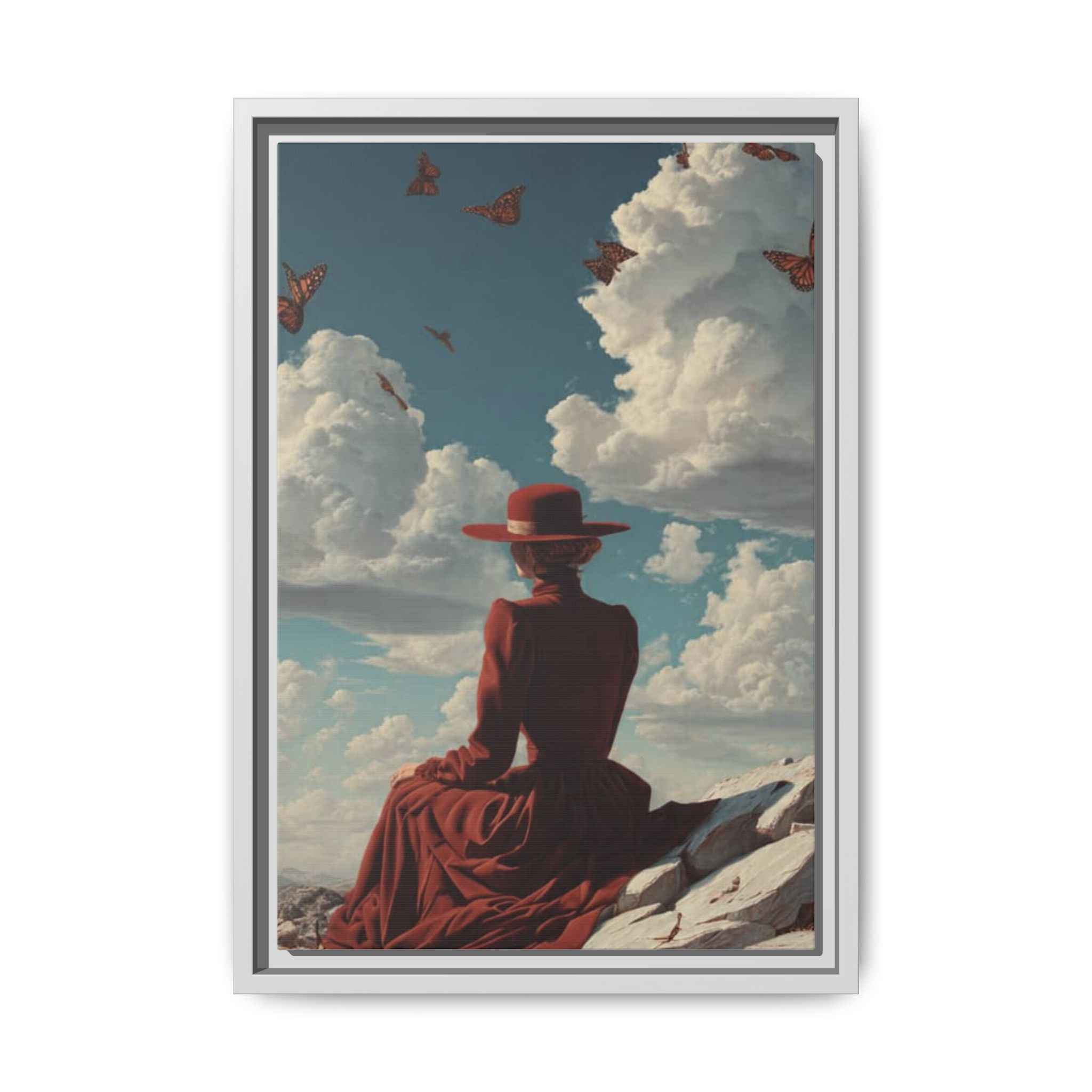 Framed Matte Canvas: Woman in Red Dress Sunset Sky Wall Art - Image 137
