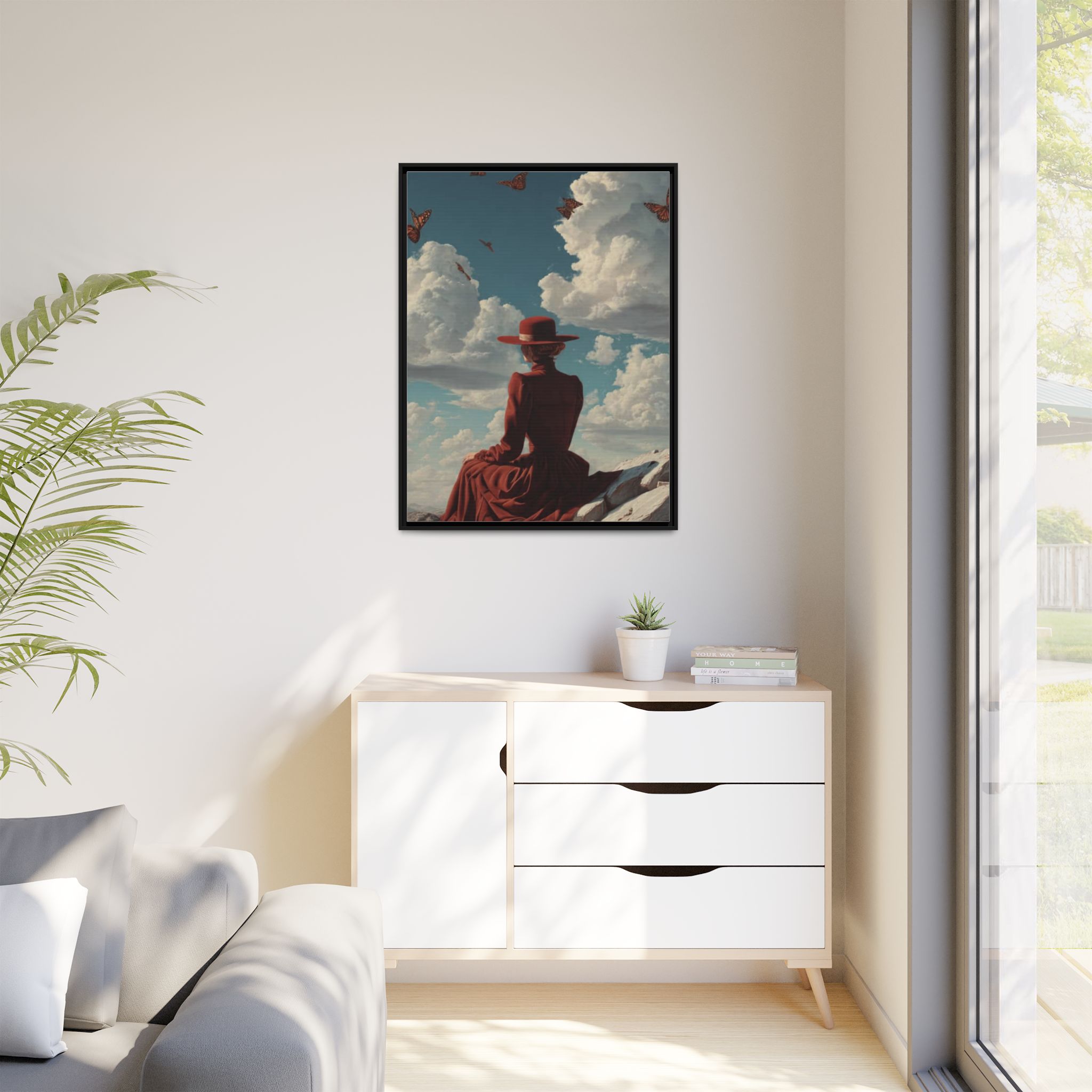 Framed Matte Canvas: Woman in Red Dress Sunset Sky Wall Art - Image 47