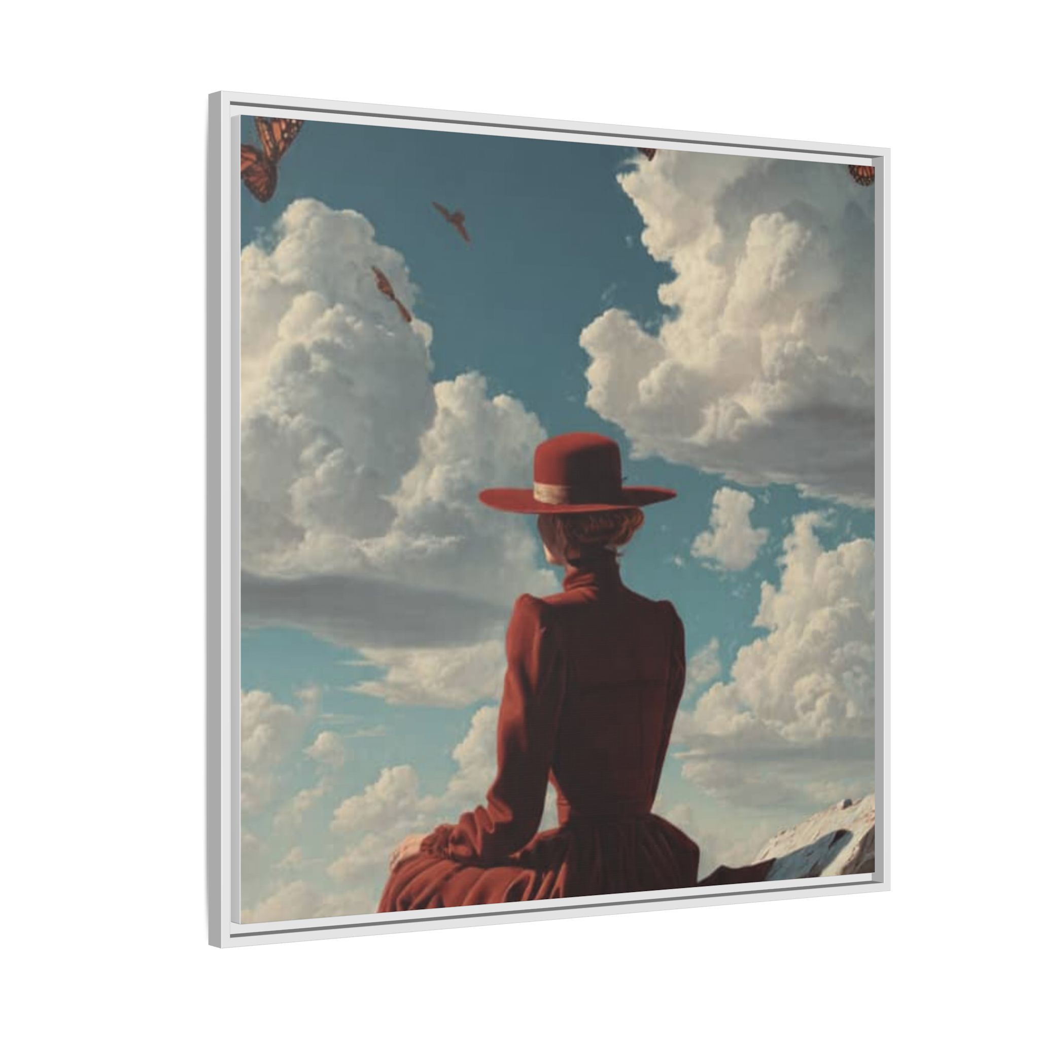 Framed Matte Canvas: Woman in Red Dress Sunset Sky Wall Art - Image 194