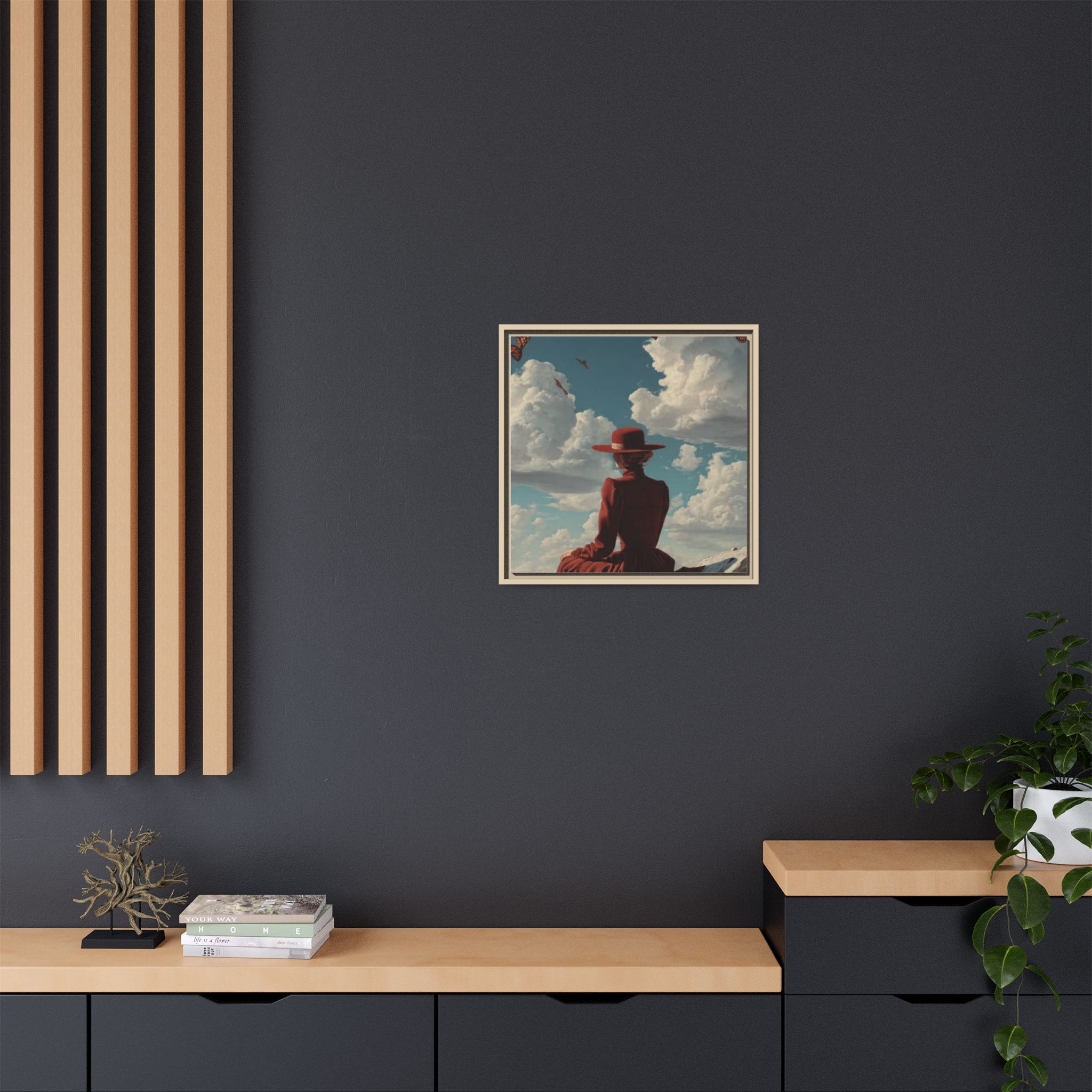 Framed Matte Canvas: Woman in Red Dress Sunset Sky Wall Art - Image 188