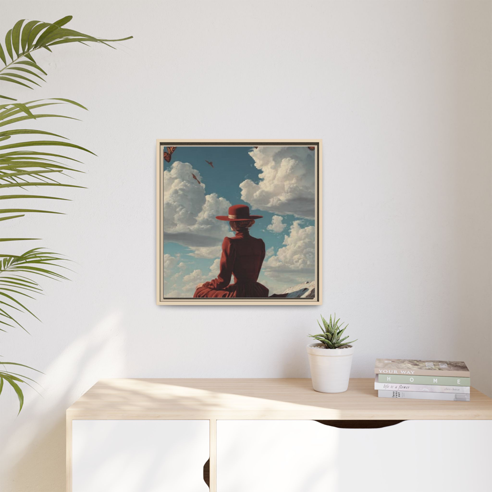 Framed Matte Canvas: Woman in Red Dress Sunset Sky Wall Art - Image 187