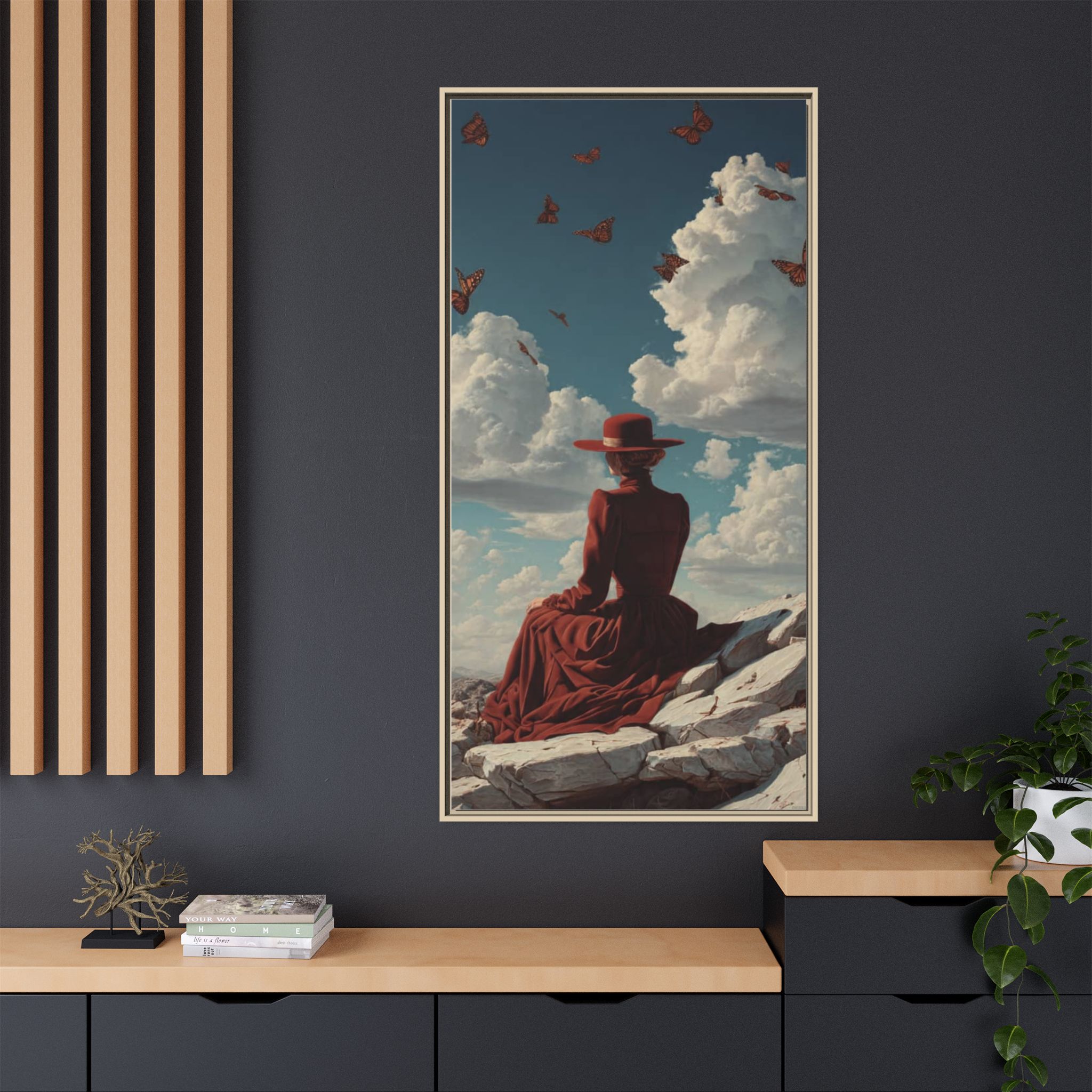 Framed Matte Canvas: Woman in Red Dress Sunset Sky Wall Art - Image 64