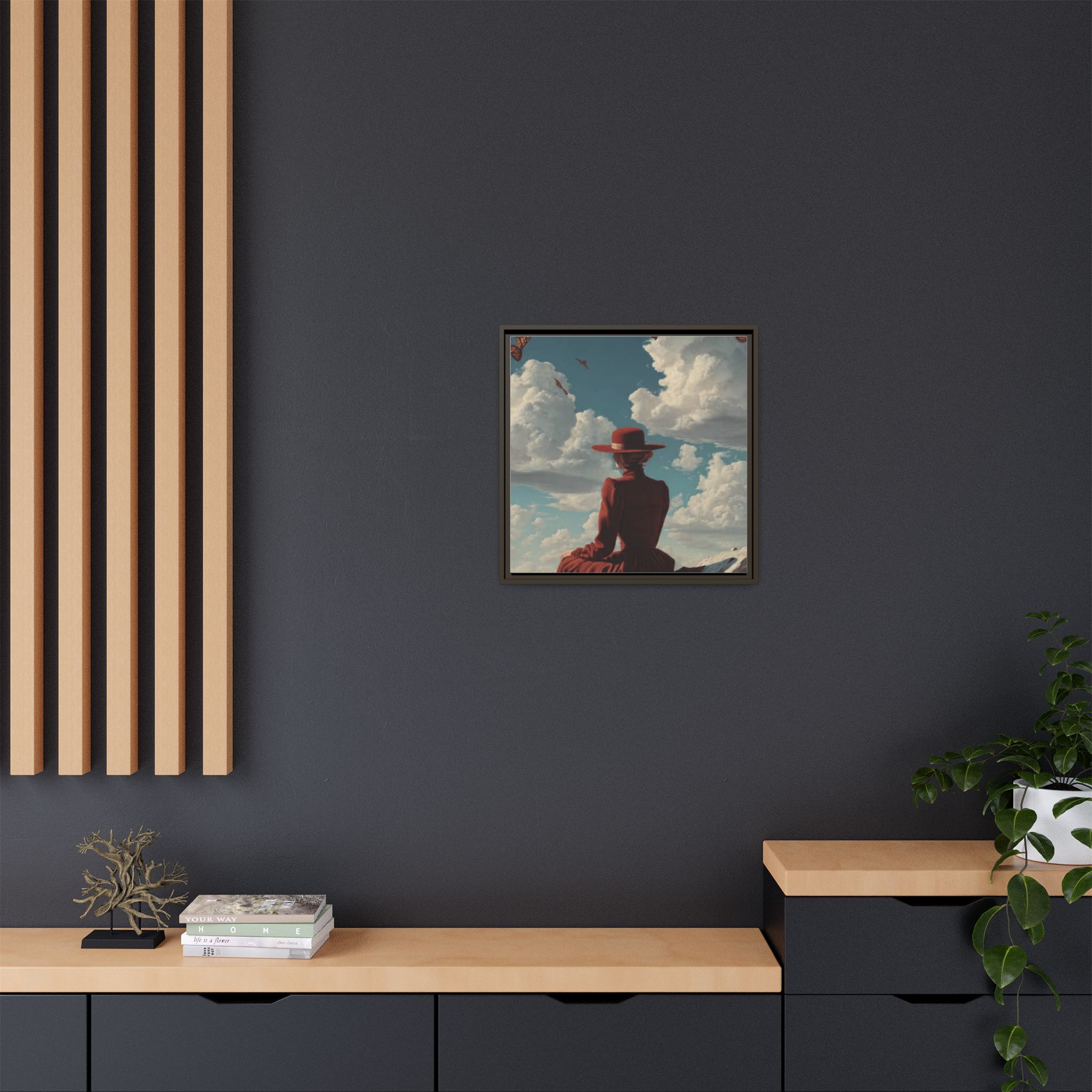 Framed Matte Canvas: Woman in Red Dress Sunset Sky Wall Art - Image 184