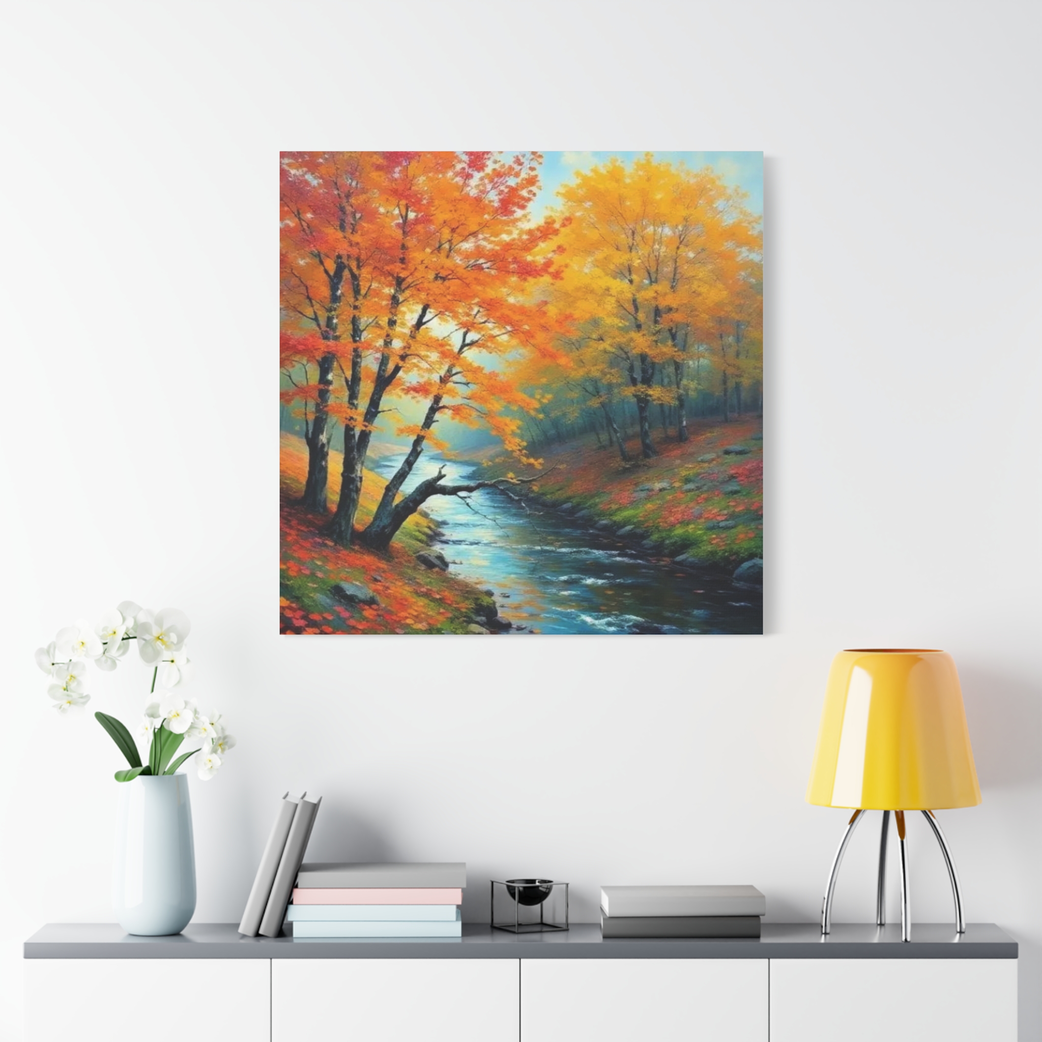 Autumn River Canvas Wall Art — Stretched Matte Fall Landscape