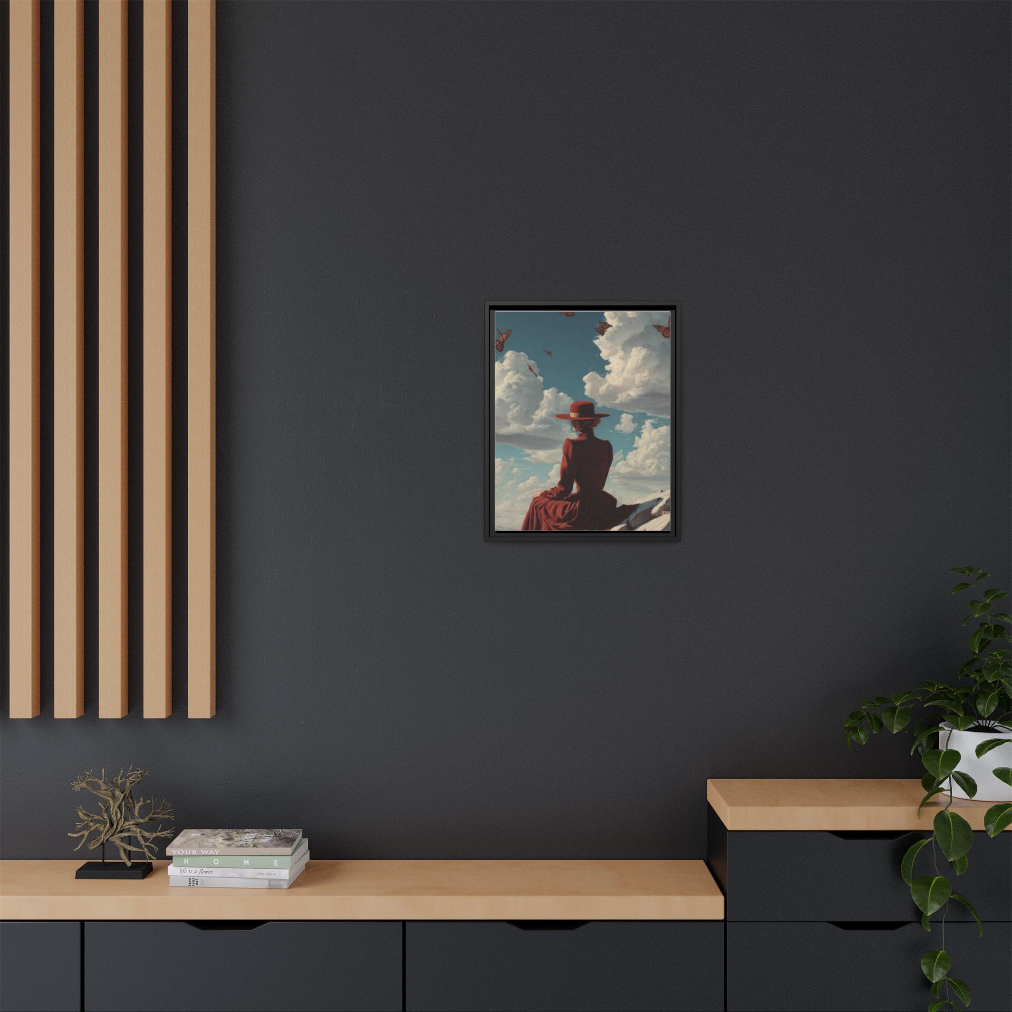 Framed Matte Canvas: Woman in Red Dress Sunset Sky Wall Art - Image 224