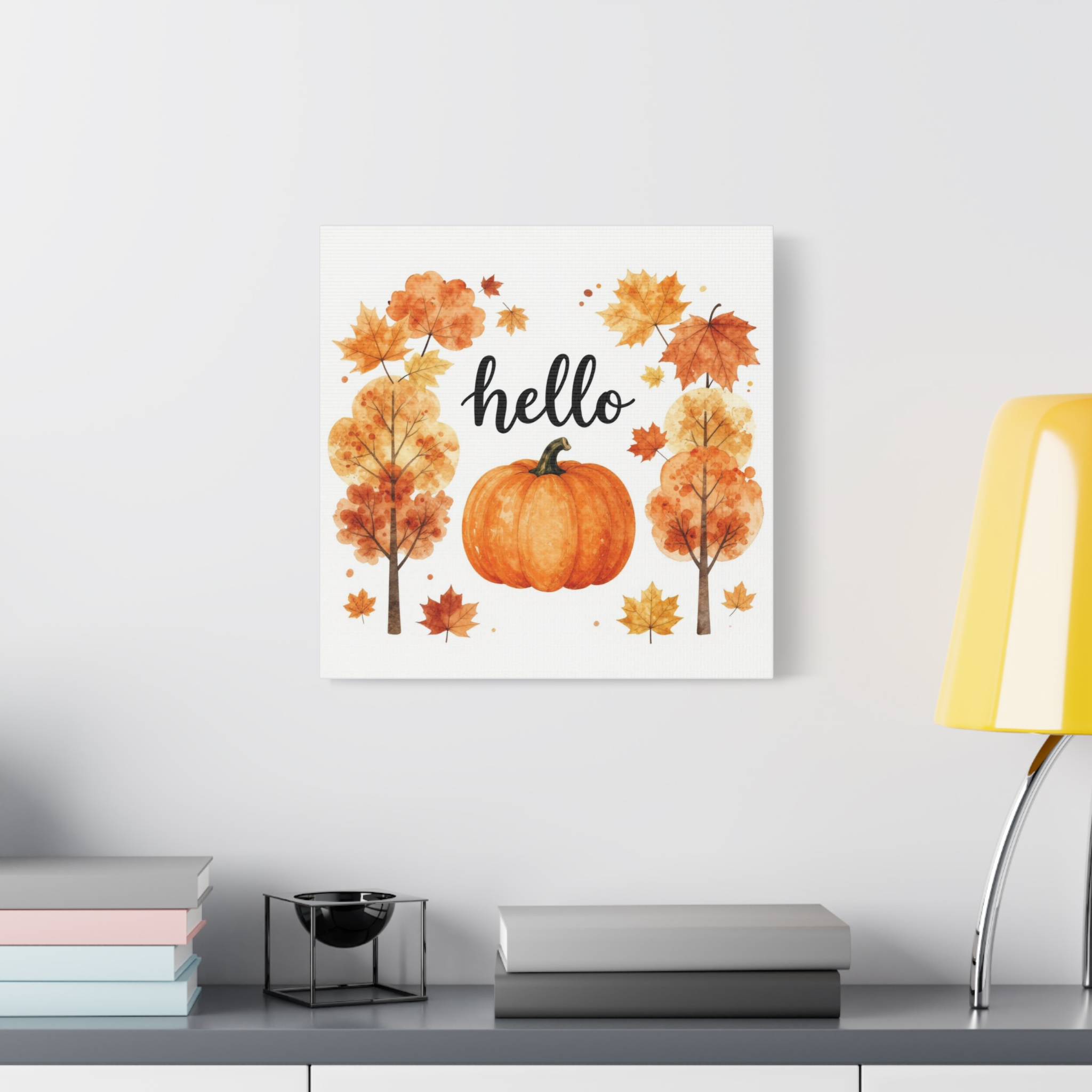 Hello Pumpkin Fall Canvas Wall Art — Autumn Pumpkin & Leaves Stretched Matte Canvas