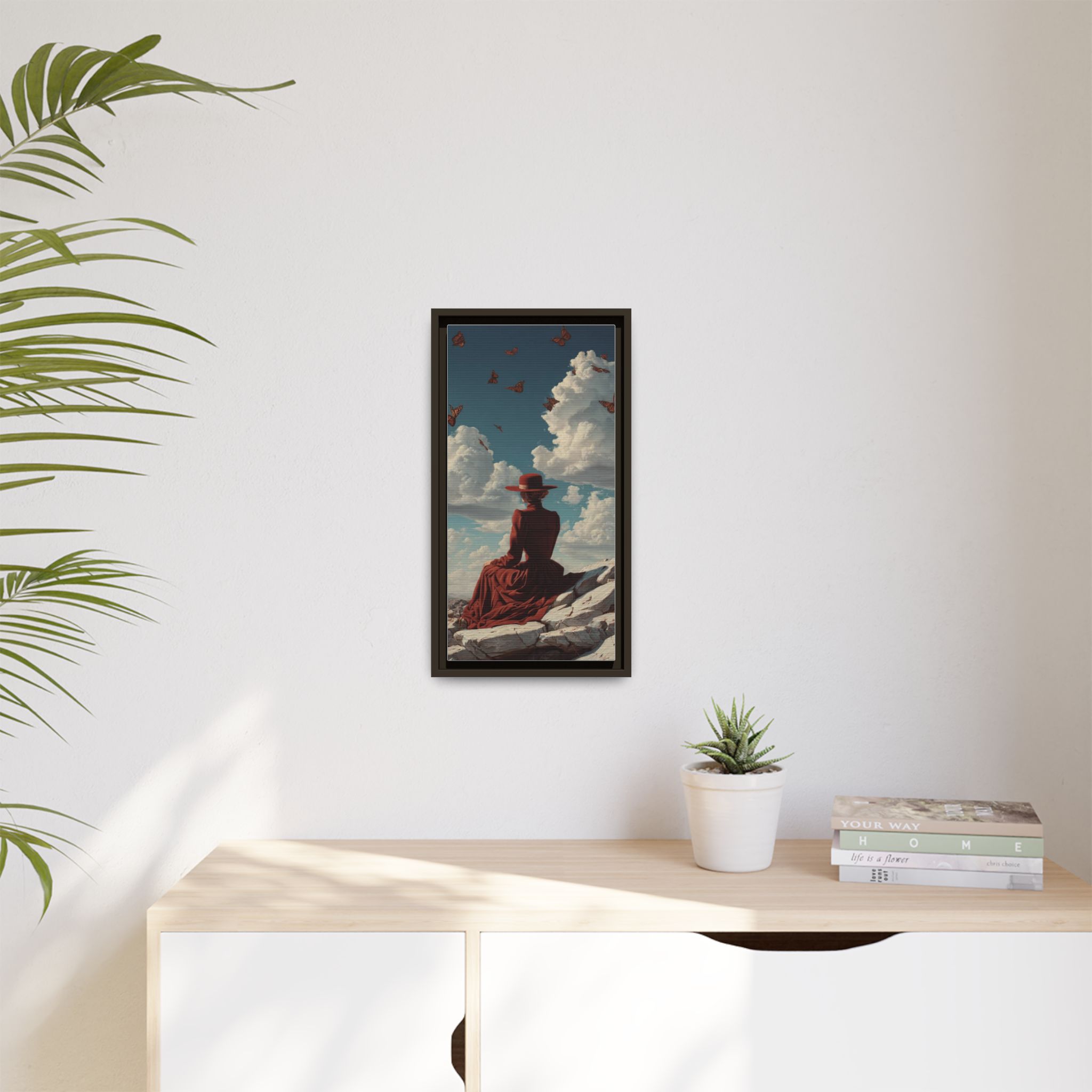 Framed Matte Canvas: Woman in Red Dress Sunset Sky Wall Art - Image 103