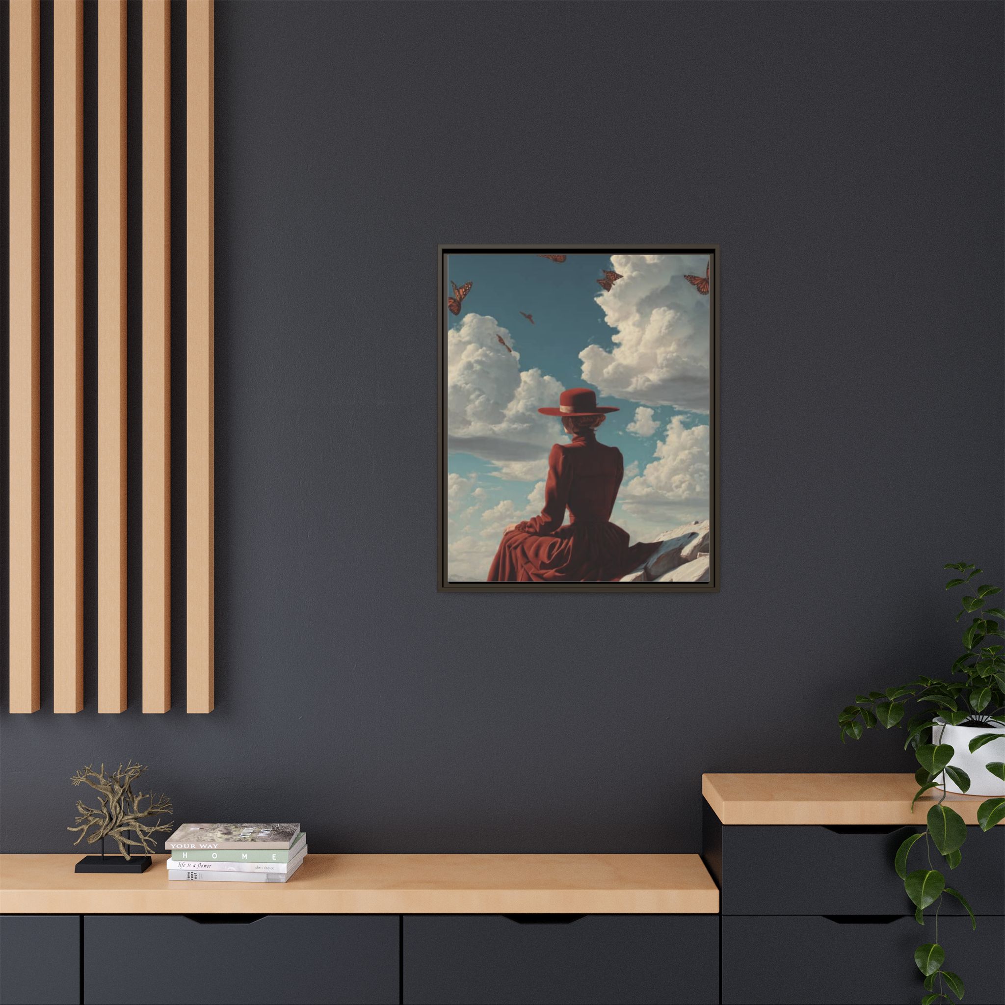 Framed Matte Canvas: Woman in Red Dress Sunset Sky Wall Art - Image 240