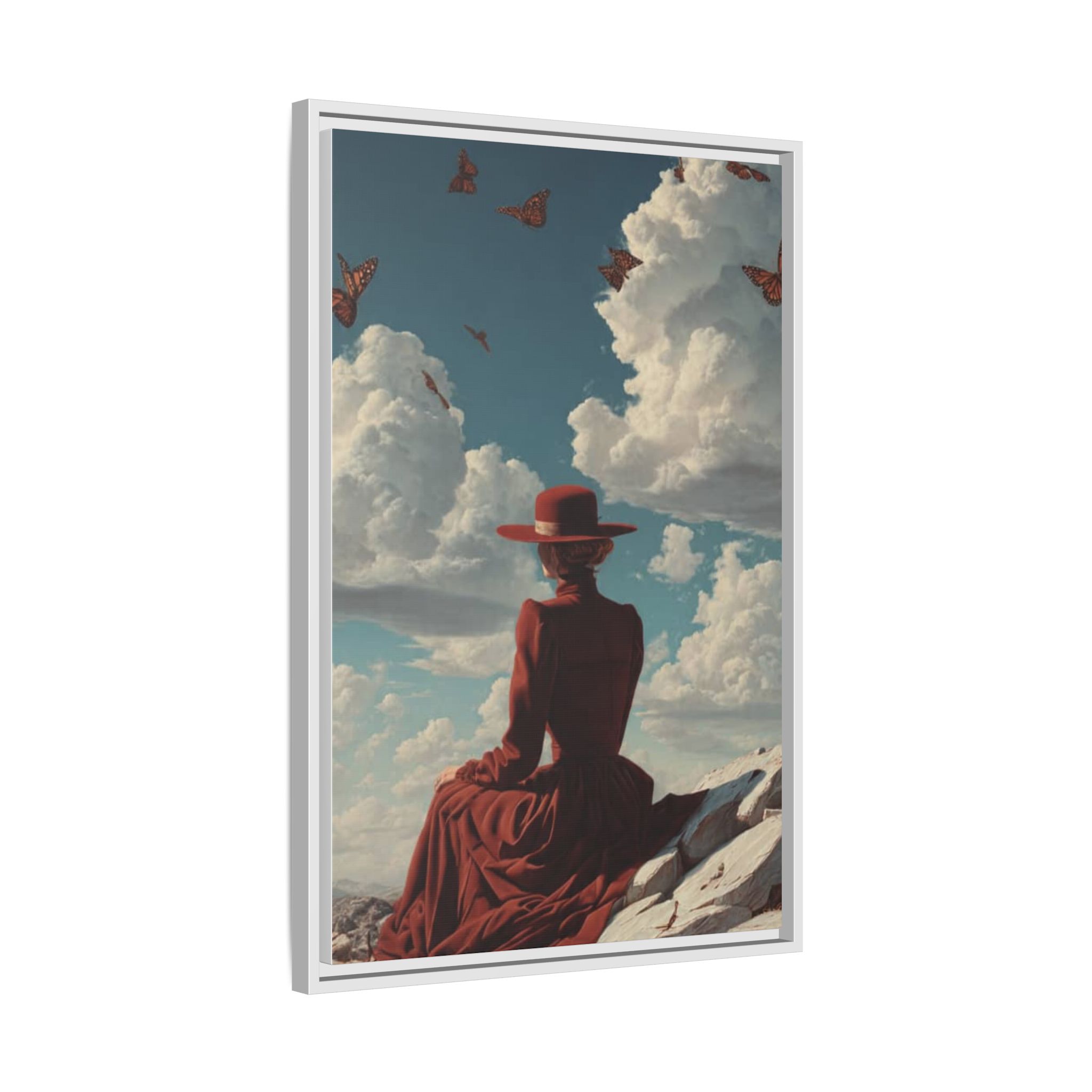 Framed Matte Canvas: Woman in Red Dress Sunset Sky Wall Art - Image 154