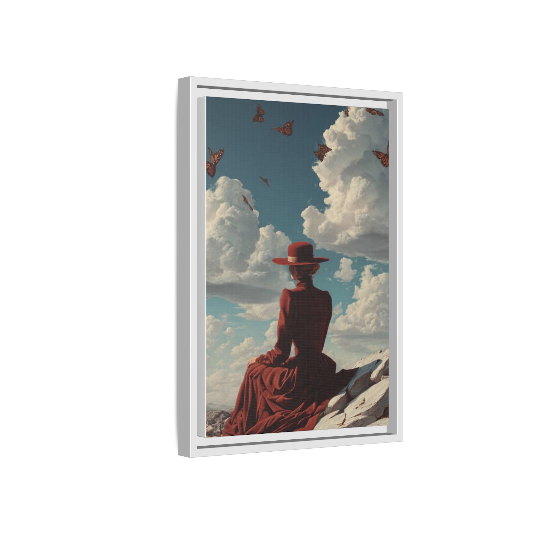 Framed Matte Canvas: Woman in Red Dress Sunset Sky Wall Art - Image 138