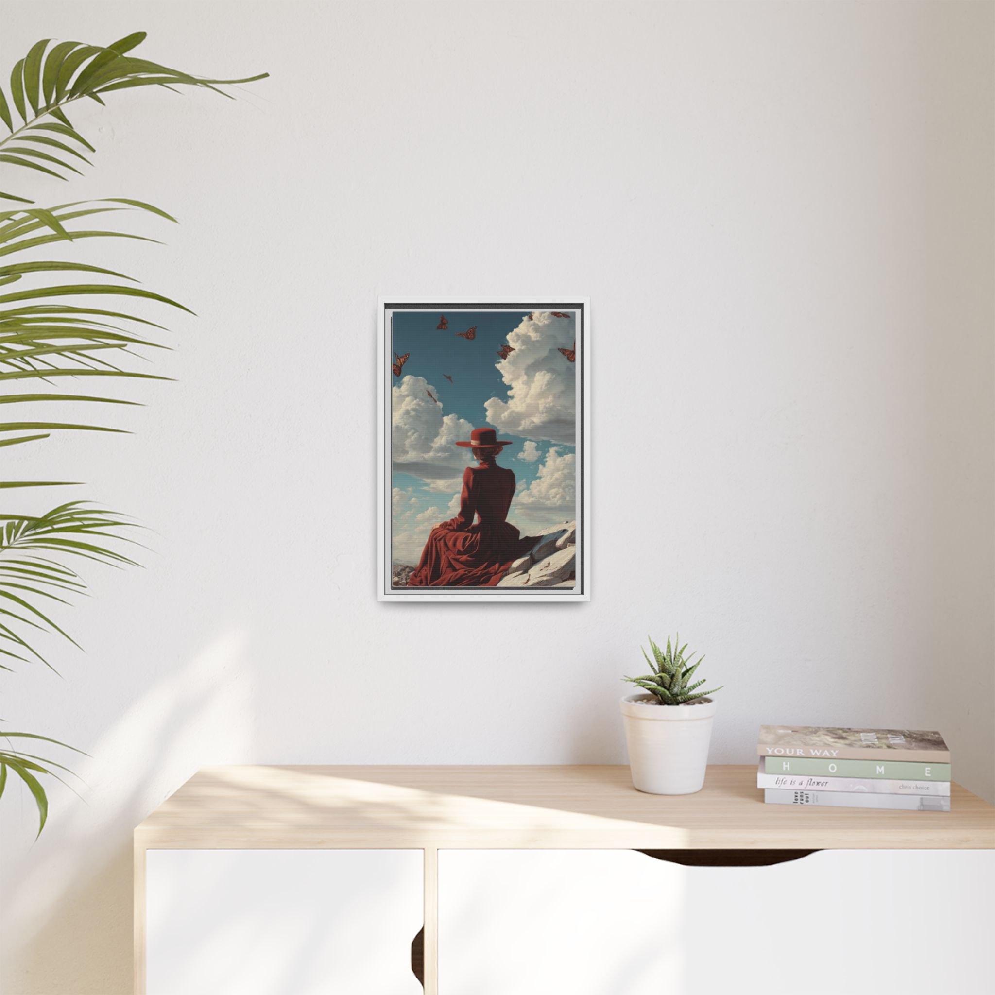 Framed Matte Canvas: Woman in Red Dress Sunset Sky Wall Art - Image 139