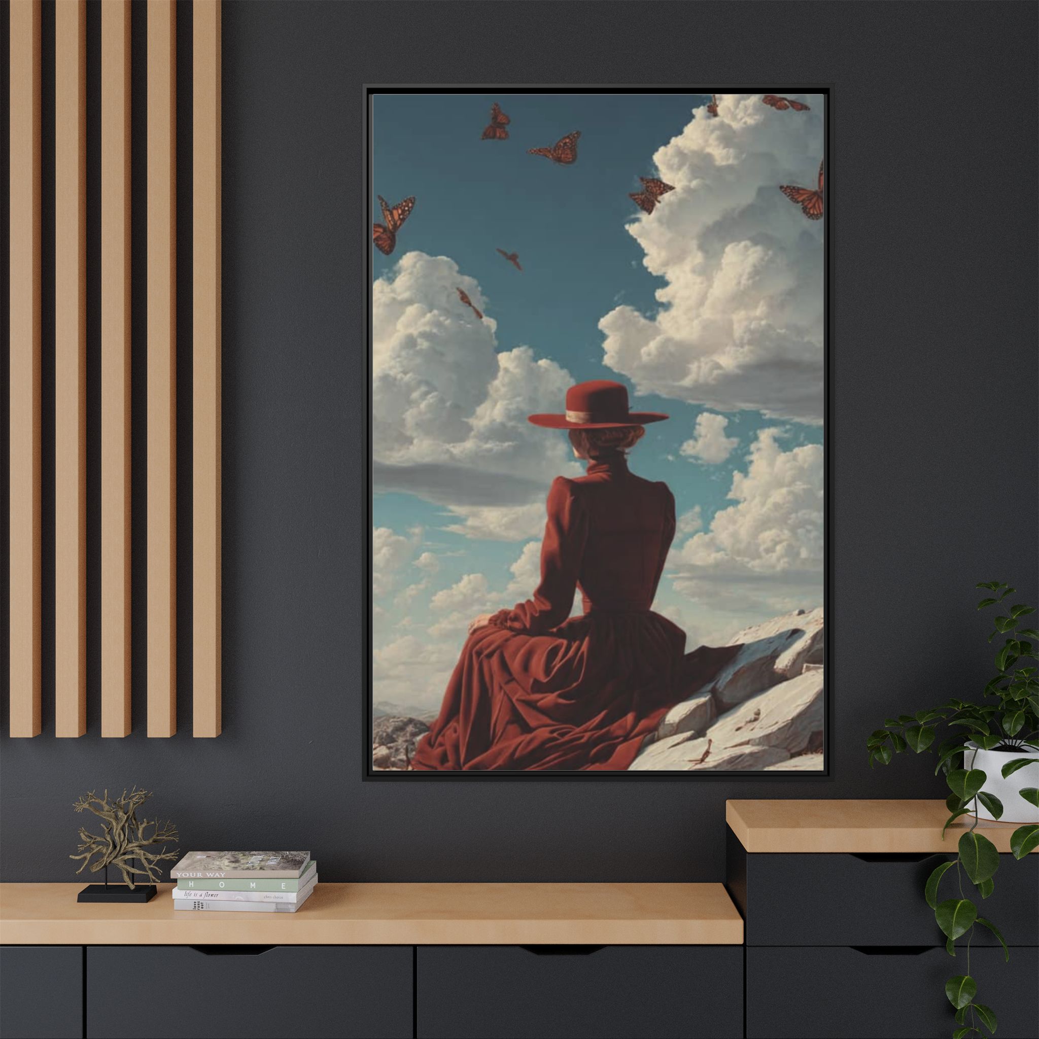 Framed Matte Canvas: Woman in Red Dress Sunset Sky Wall Art - Image 76