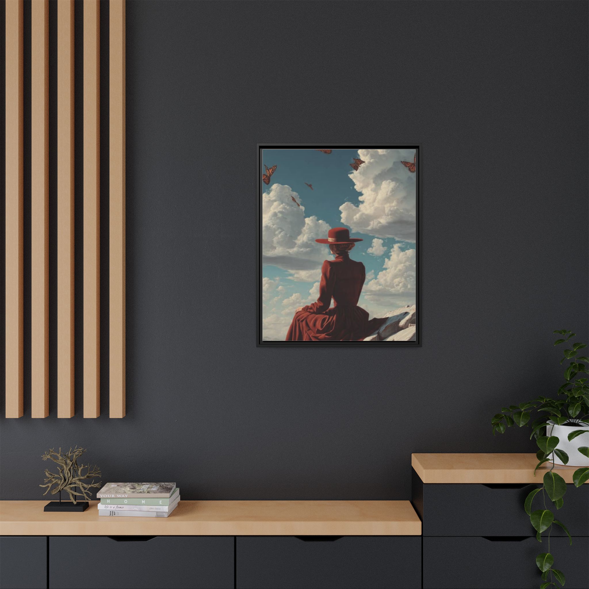 Framed Matte Canvas: Woman in Red Dress Sunset Sky Wall Art - Image 228