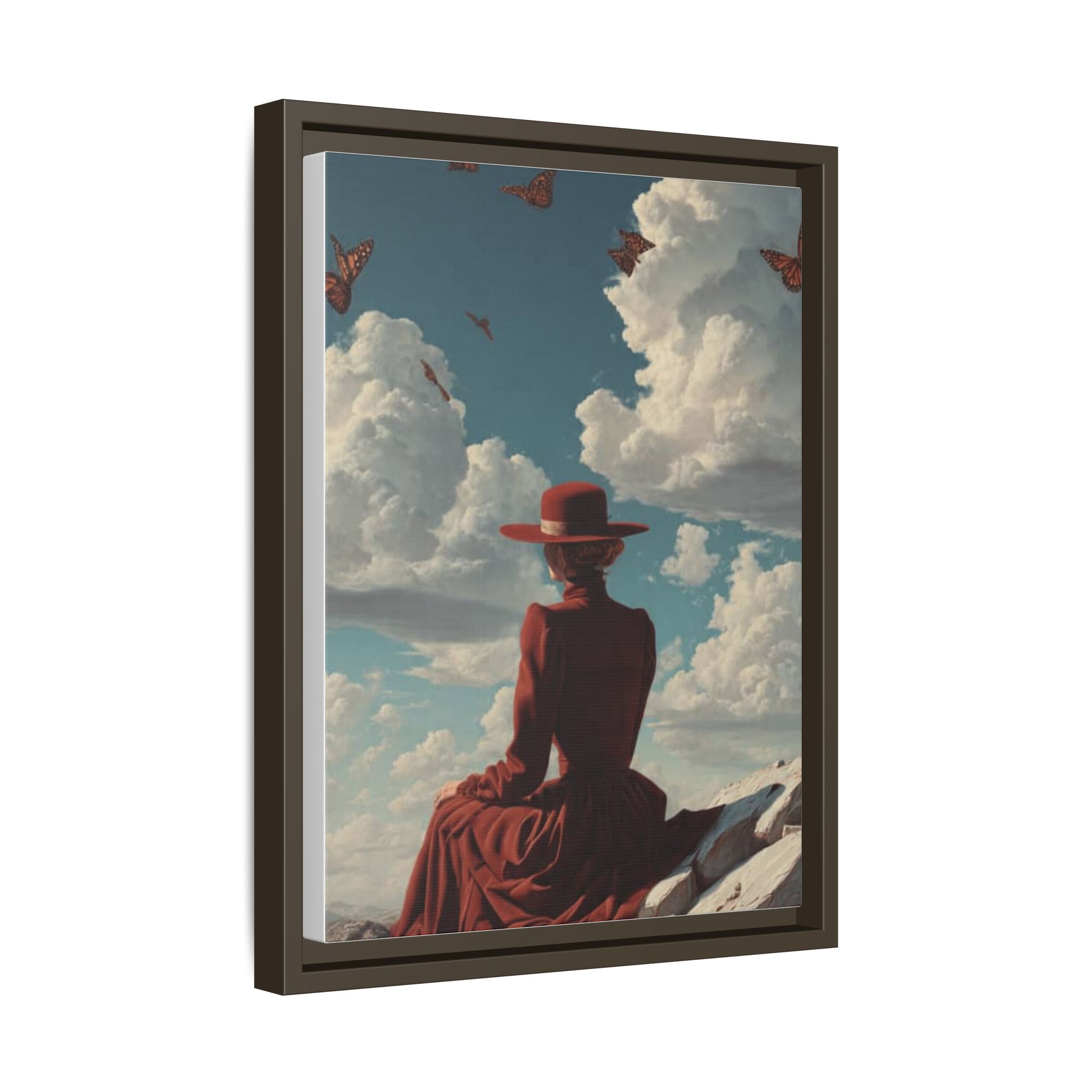 Framed Matte Canvas: Woman in Red Dress Sunset Sky Wall Art - Image 90