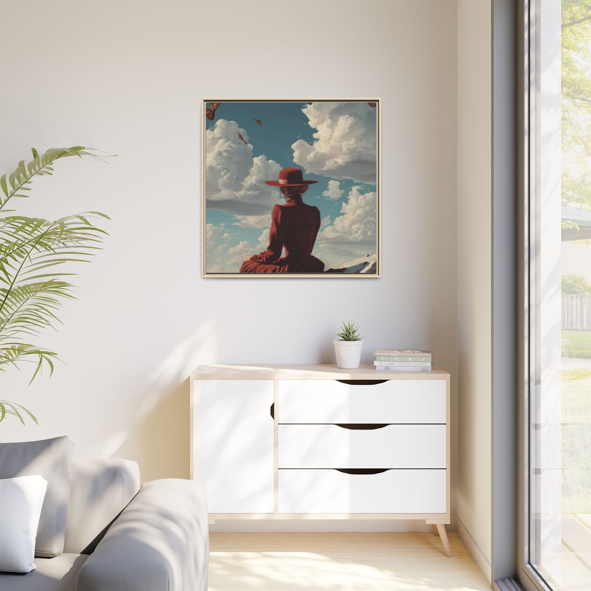 Framed Matte Canvas: Woman in Red Dress Sunset Sky Wall Art - Image 203