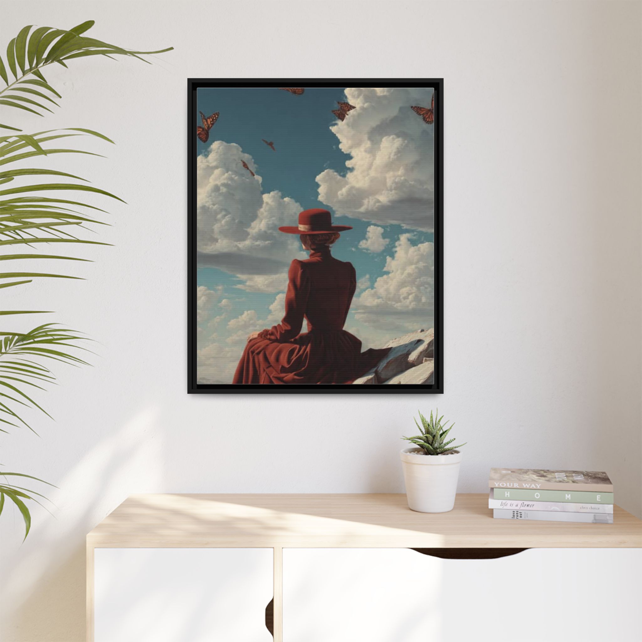 Framed Matte Canvas: Woman in Red Dress Sunset Sky Wall Art - Image 227