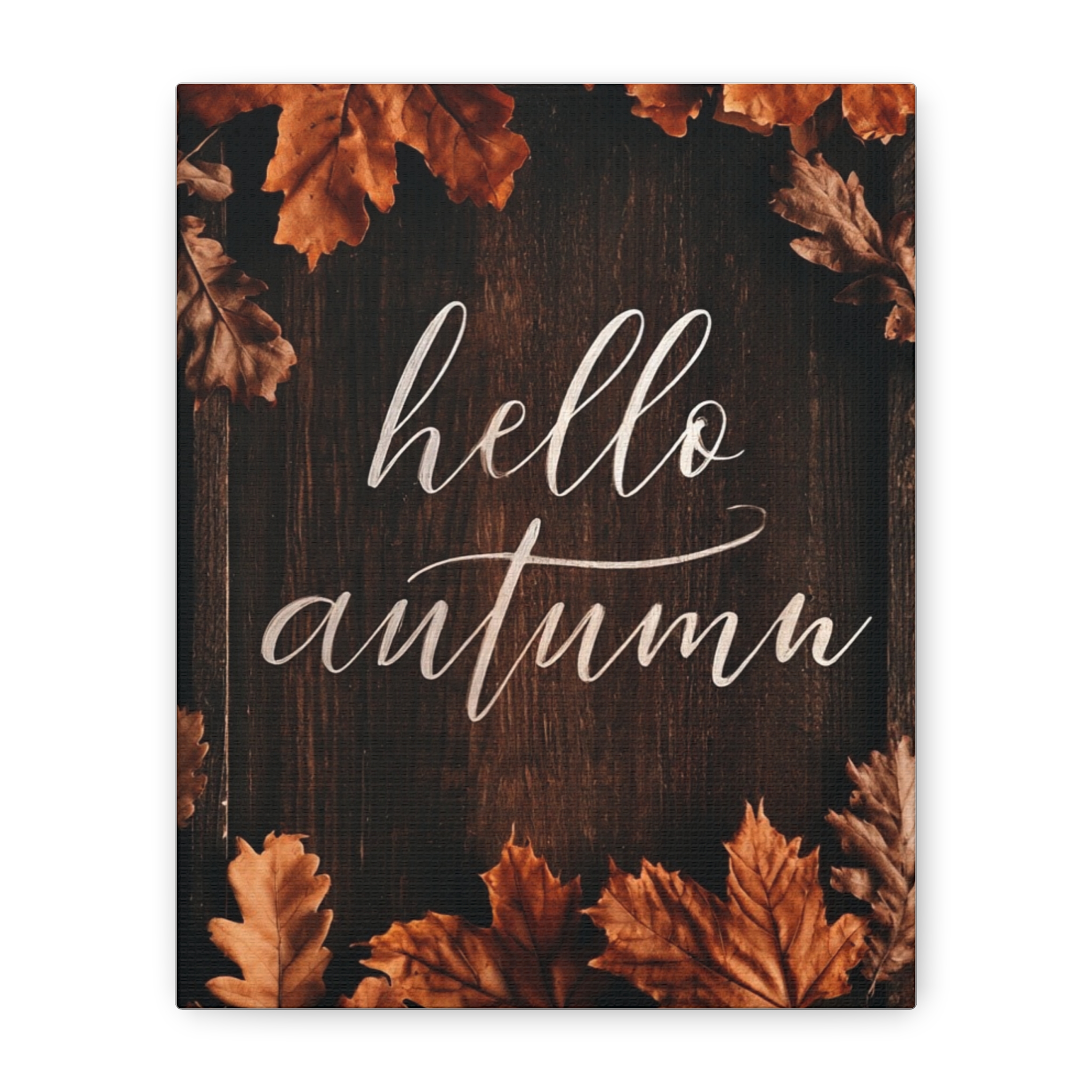 Hello Autumn Canvas Wall Art – Rustic Fall Leaves Stretched Matte Print - Image 4