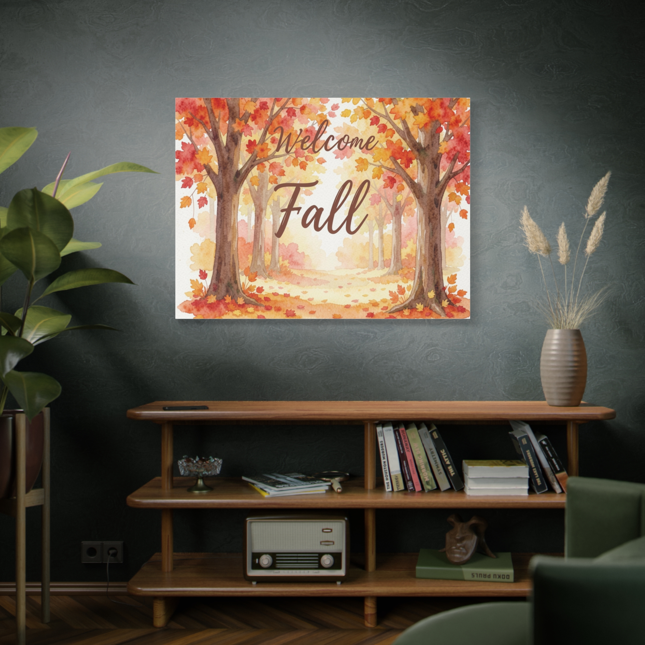 Welcome Fall Canvas Wall Art - Autumn Trees Watercolor Stretched Matte Canvas - Image 9