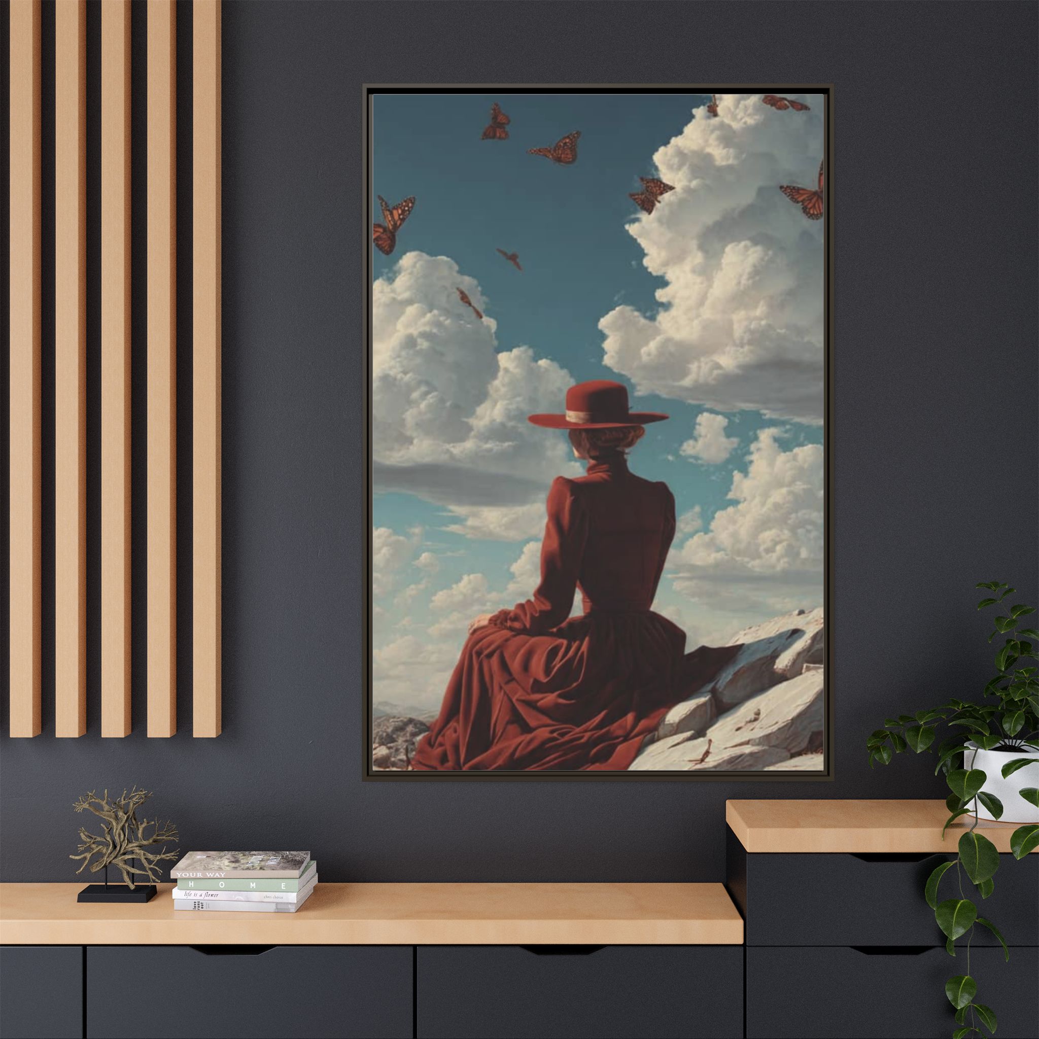 Framed Matte Canvas: Woman in Red Dress Sunset Sky Wall Art - Image 68
