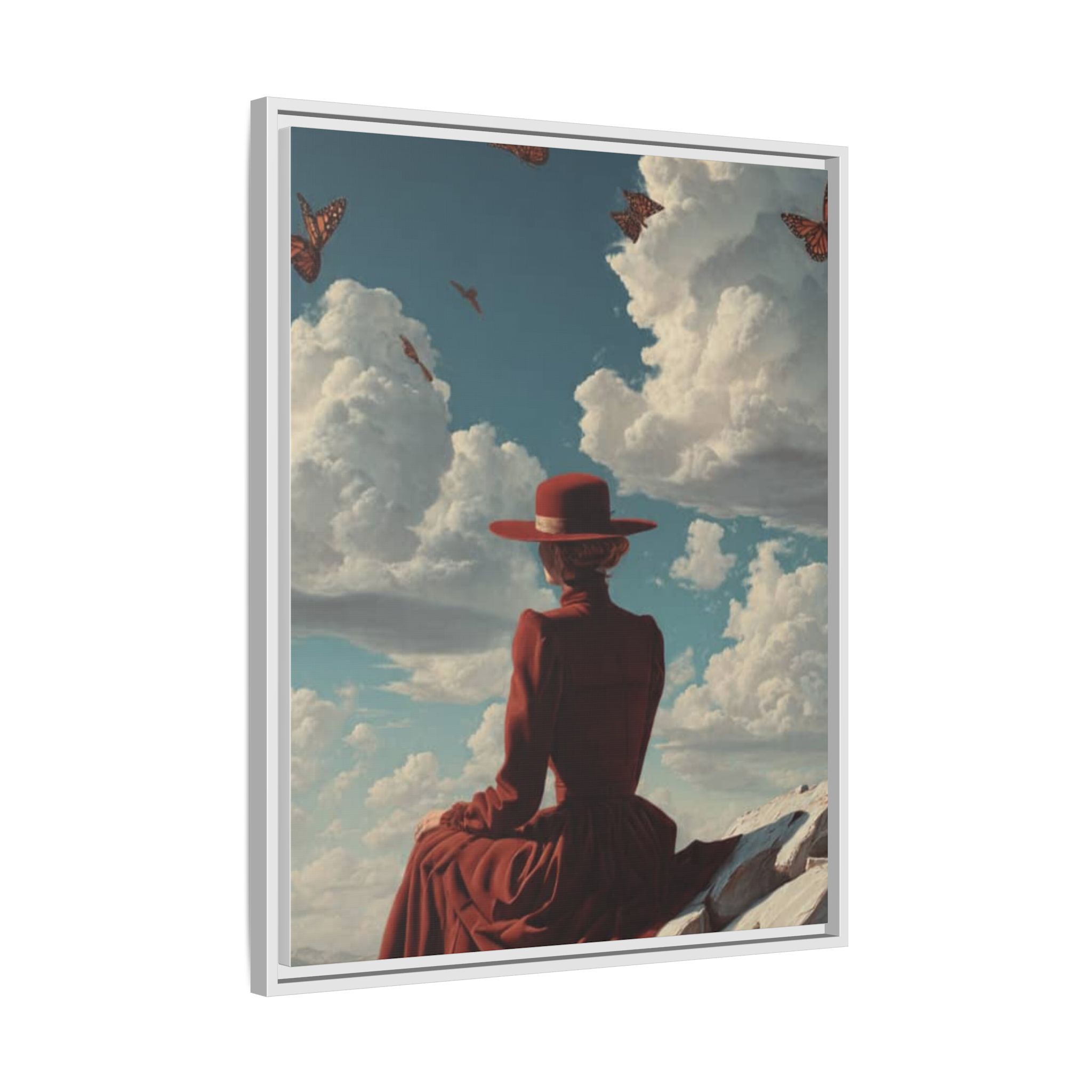 Framed Matte Canvas: Woman in Red Dress Sunset Sky Wall Art - Image 234
