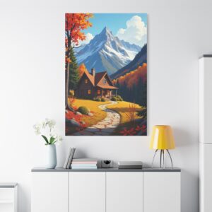 Mountain Cabin Canvas Print — Autumn Lodge Wall Art, Matte Stretched Canvas