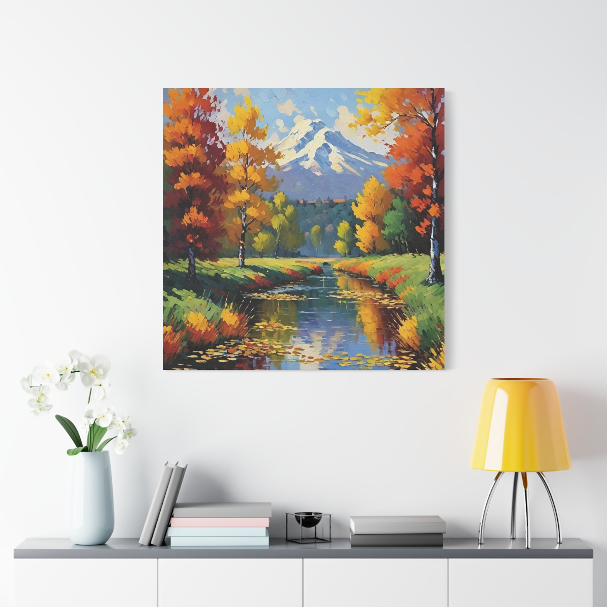 Autumn River Mountain Matte Canvas Wall Art — Stretched Landscape Print